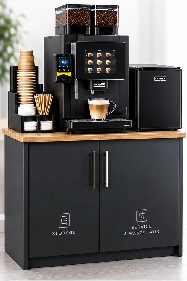 Illustrative bean-to-cup station with coffee machine, milk fridge, cups and a storage cabinet
